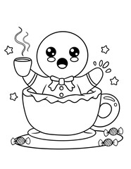 Sweet Christmas Party Gingerbread Cookie Relaxing in a Cup of Hot Chocolate – Vector Coloring Page for Kids and Adults 