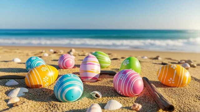 Assorted easter eggs on a beach with ocean backdrop