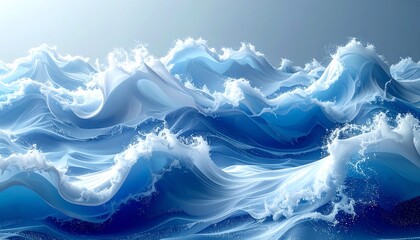 An abstract illustration of ocean waves rendered in shades of blue and white, creating a soft, ethereal, flowing effect. The crests appear foamy
