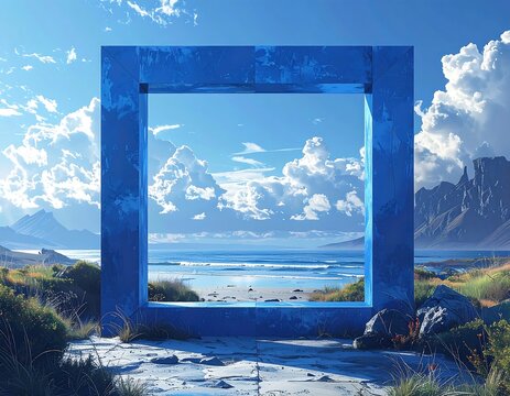 An azure frame, shaped as a square, sets the scene for a vibrant seascape. Rolling clouds, mountains, and ocean create a serene vista