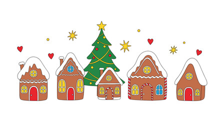 Fototapeta premium A charming row of gingerbread houses decorated for Christmas with a festive tree.