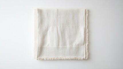 Soft white textile with intricate patterns and fringes laid flat for a minimalist display in bright lighting