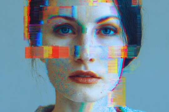 Close up of a woman's face with heavy digital color glitch effect against a plain light blue background.