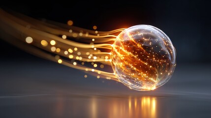 Dynamic glowing orb with light trails representing data flow and technology
