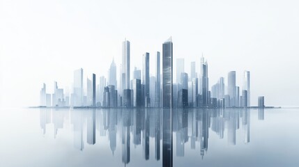 Modern skyline reflection shows a bustling city on a foggy morning by the water