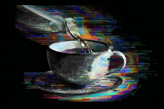 Liquid pours into a cup and saucer creating a digital abstract visual effect with bright colors.