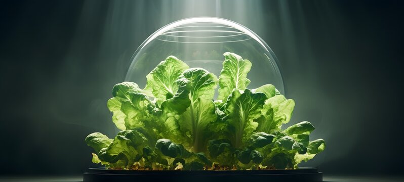 Cinematic scene of a single ingredient--lettuce leaf--displayed under a transparent low glass dome on a pedestal,generative AI