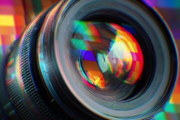 Camera lens element closeup shows intense chromatic aberration and colorful light distortion with a dark textured body.