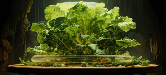 Cinematic scene of a single ingredient--lettuce leaf--displayed under a transparent low glass dome on a pedestal,generative AI