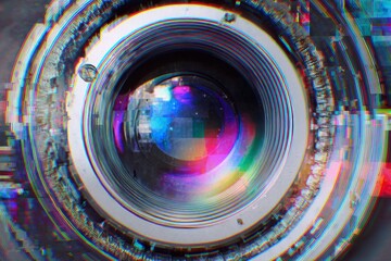 Close up of a camera lens with colorful digital glitch effect and abstract light reflections visible.