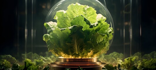 Cinematic scene of a single ingredient--lettuce leaf--displayed under a transparent low glass dome on a pedestal,generative AI