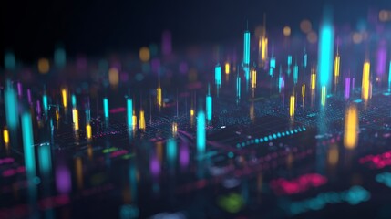 A digitally rendered circuit board with glowing vertical bars, representing data flow, in vibrant colors, suggesting complex processing