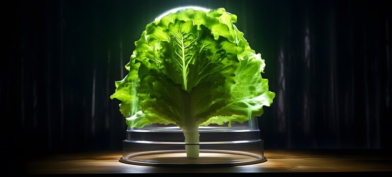 Cinematic scene of a single ingredient--lettuce leaf--displayed under a transparent low glass dome on a pedestal,generative AI