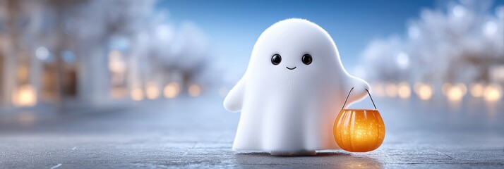Adorable fluffy ghost holds a glowing pumpkin lantern on a festive street