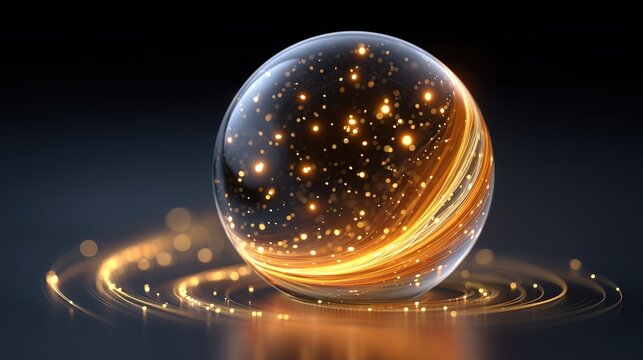 Abstract Luminous Sphere with Golden Light Trails and Particles on Dark Background