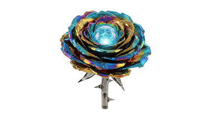 Futuristic Metallic Rose With Glowing Orb On Black