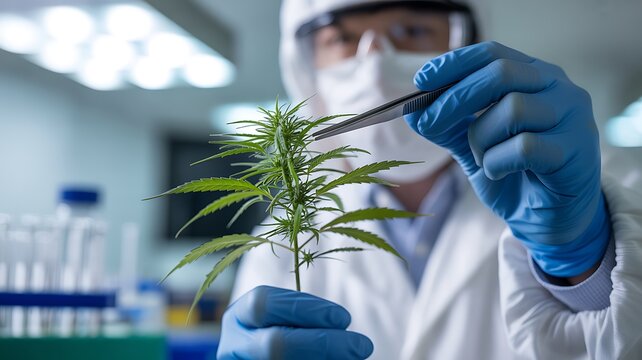 Cannabis research scientist examining plant sample - Powered by Adobe