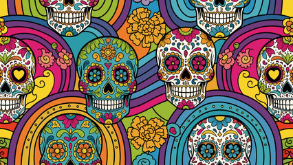 Festive Sugar Skulls Pattern. Vibrant Day of the Dead Calaveras with Floral Designs, Rainbow Swirls & Marigolds