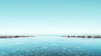 Fototapeta premium Calm blue water under a clear sky with distant rocky shores during peaceful daylight hours