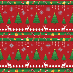 Christmas seamless pattern with Christmas trees, green Christmas tree on red background. Seamless for card, textile, wallpaper.