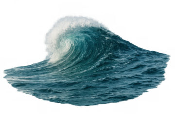 Ocean wave cresting with foam, powerful storm water movement, sea power and nature dynamics, transparent background