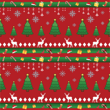 Christmas seamless pattern with Christmas trees, green Christmas tree on red background. Seamless for card, textile, wallpaper.