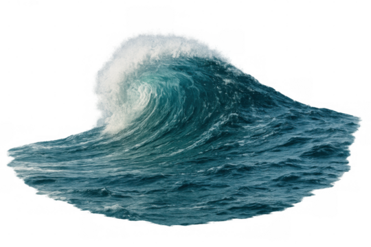 Ocean wave cresting with foam, powerful storm water movement, sea power and nature dynamics, transparent background