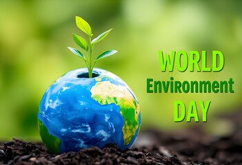 World Environment Day illustration: A globe with a seedling growing out of it, set against a green background.