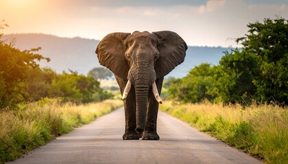 An adult African elephant strides confidently down a paved road, framed by lush greenery, with a soft sunset glow