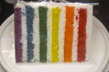 Slice of rainbow layer cake