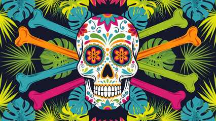 Dia de los Muertos Sugar Skull and Colorful Bones on Tropical Foliage Pattern Background