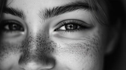 Close-up of a young girl with freckles smiling in black and white lighting reveals her joyful expression and captivating eyes