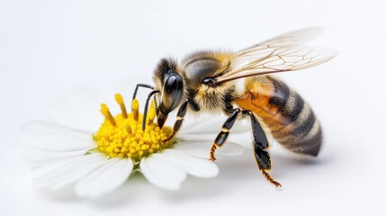 Close-up of a honeybee collecting pollen from a white flower in a bright garden setting