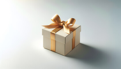 Fototapeta premium Elegant gift box with golden ribbon and bow, beautifully presented on a soft gradient background, symbolizing celebration and special occasions in a minimalist style