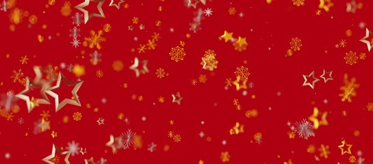 Christmas background with golden stars and snowflakes on a red backdrop. Perfect for holiday designs, winter greetings and celebratory themes. © vegefox.com