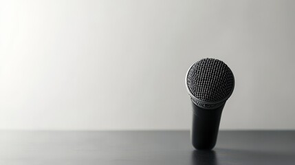 Microphone stands alone on a dark table against a light background for recording or performing a song