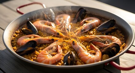 Authentic Seafood Paella with Shrimp and Mussels Close Up