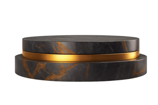 Black marble pedestal with gold stripe isolated on transparent background, luxury display stand PNG element