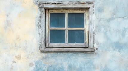 Old wooden window in a weathered blue wall with peeling paint captured in natural light