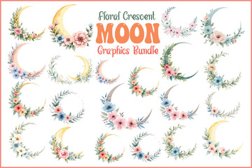 Fototapeta premium Floral Crescent Moon Watercolor Clipart Bundle