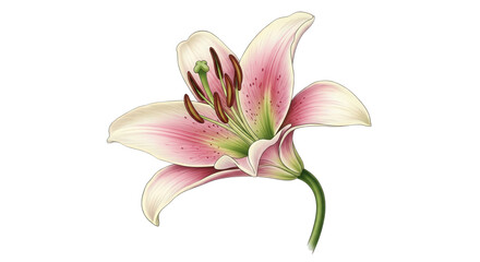 Pink and White Lily Flower with Green Stem on Black Background