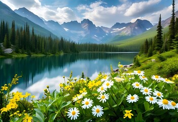 A serene mountain lake scene with lush greenery, wildflowers, and towering peaks.