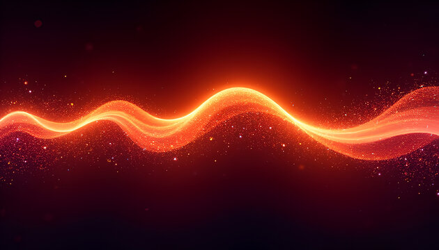 Abstract red wave of light with sparkling particles against dark background