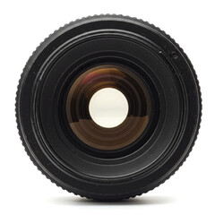 Close up shot of a black camera lens with visible internal glass elements and rings