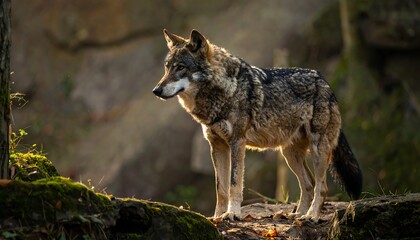Fototapeta premium An alert wolf stands on a mossy rock, framed by a forest setting. Its fur is mottled, the eye sharp, and the environment sun-dappled
