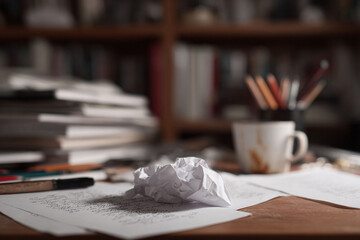 Writers desk with crumpled paper, inkstained mug, and handwritten notes. Evokes creativity, frustration, process, writing block. Great for blogs and articles.