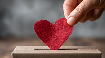 Female hand putting red paper heart donation box slotCharity help love gratitude election giving conceptsSupport kindness compassion contribution caring generosity humanitarian causes 05092025Prasanth