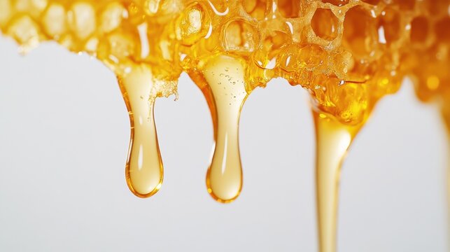 Sweet golden honey dripping from honeycomb in close-up capturing the essence of natural sweetness and richness