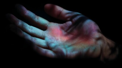 Close up of a human palm illuminated by vibrant abstract colorful light projections casting patterns and shadows