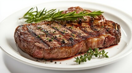 Juicy grilled steak served on a white plate with fresh herbs and a hint of seasoning